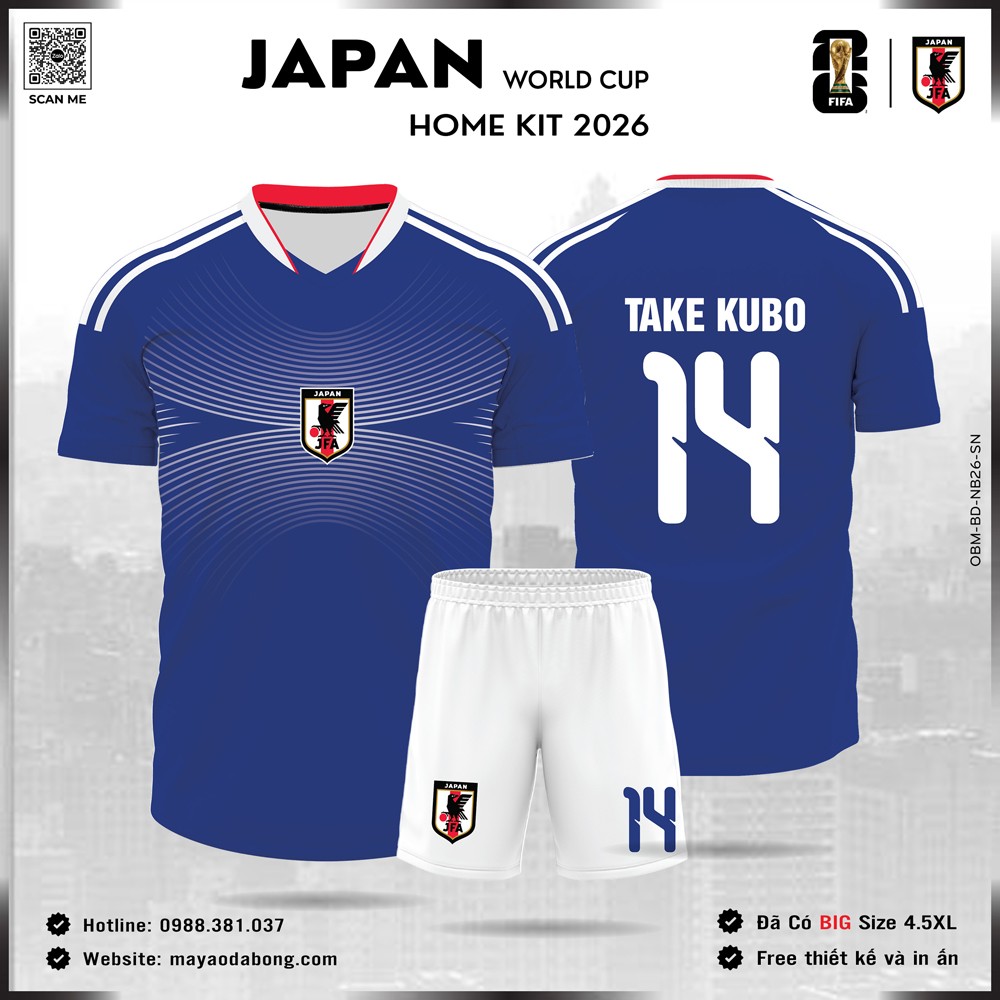 Áo đấu Japan World Cup 2026 Home Kit màu xanh dương đậm, họa tiết trắng và viền cổ đỏ
