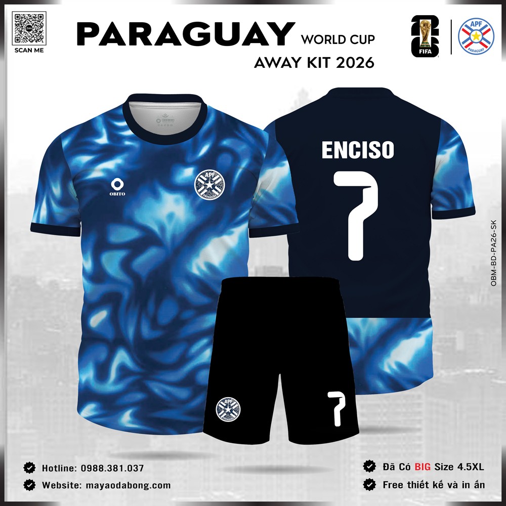 Áo bóng đá đội tuyển Paraguay 2026 màu xanh dương thiết kế vân sóng hiện đại, in tên số miễn phí