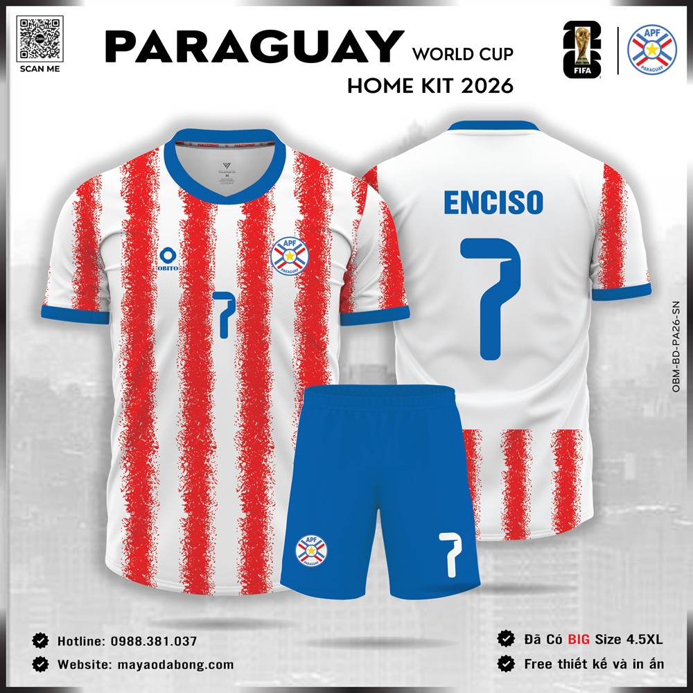 Áo bóng đá đội tuyển Paraguay 2026 sân nhà trắng, đỏ và xanh dương