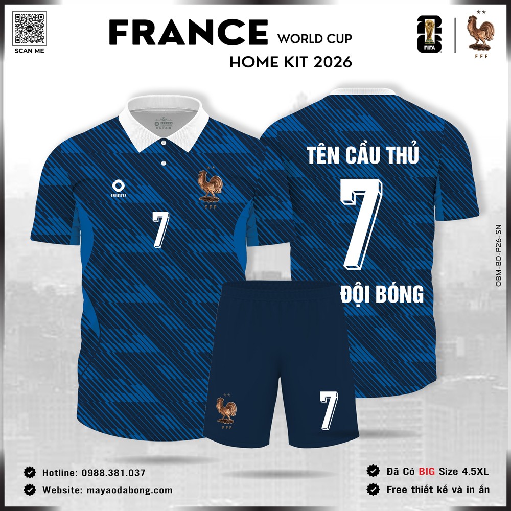 Áo đội tuyển Pháp 2026 xanh navy phối sọc, họa tiết gà trống vàng, cổ trắng sang trọng