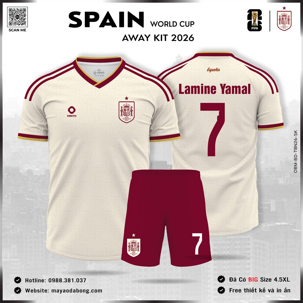 Áo đội tuyển Tây Ban Nha sân khách 2026 tông trắng kem đỏ viền vàng