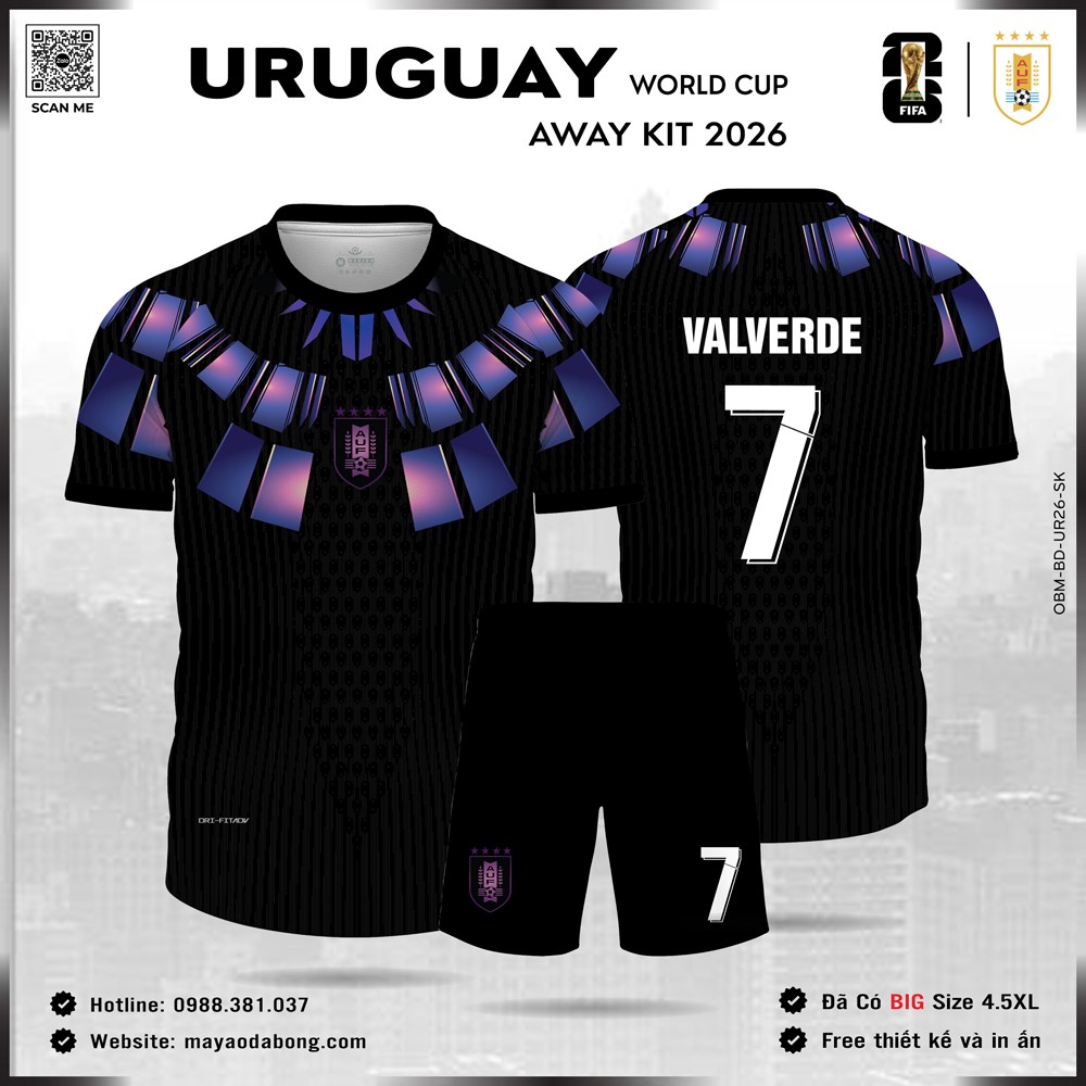 Áo Đội Tuyển Bóng Đá Uruguay 2026 Sân Khách phối đen, tím xanh ánh kim, phối logo trắng
